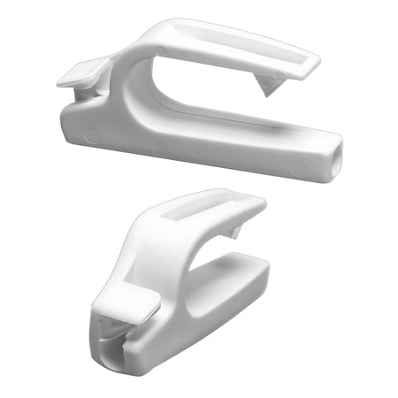 Coppia di agganci per parabordi Fend Fix in nylon bianco, progettati per il fissaggio rapido su battagliole tubolari con diametro da 20 a 25 mm.