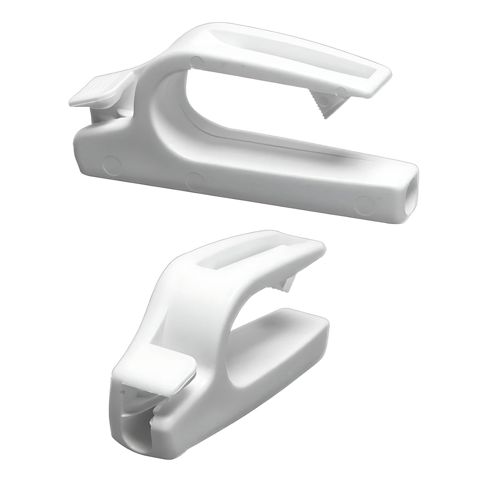 Coppia di agganci per parabordi Fend Fix in nylon bianco, progettati per il fissaggio rapido su battagliole tubolari con diametro da 20 a 25 mm.