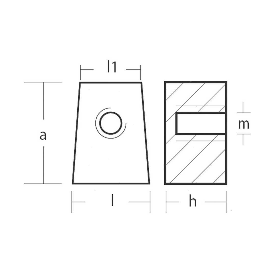 Scheda tecnica anodo a cubo in alluminio Yamaha 25-60 HP con dimensioni a, l, l1, h, m | Onautica