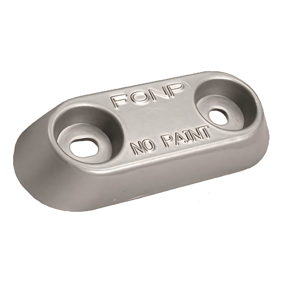 Anodo sacrificale a piastra in zinco nautico per carene e specchi di poppa, compatibile Vetus, peso 0,95 kg, interasse 80 mm.