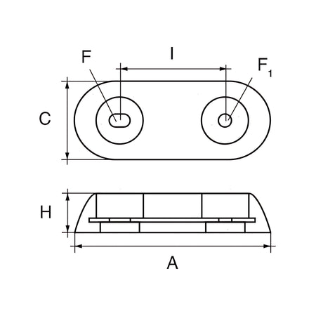 Anodo sacrificale a piastra in zinco nautico per carene e specchi di poppa, compatibile Vetus, peso 0,95 kg, interasse 80 mm.
