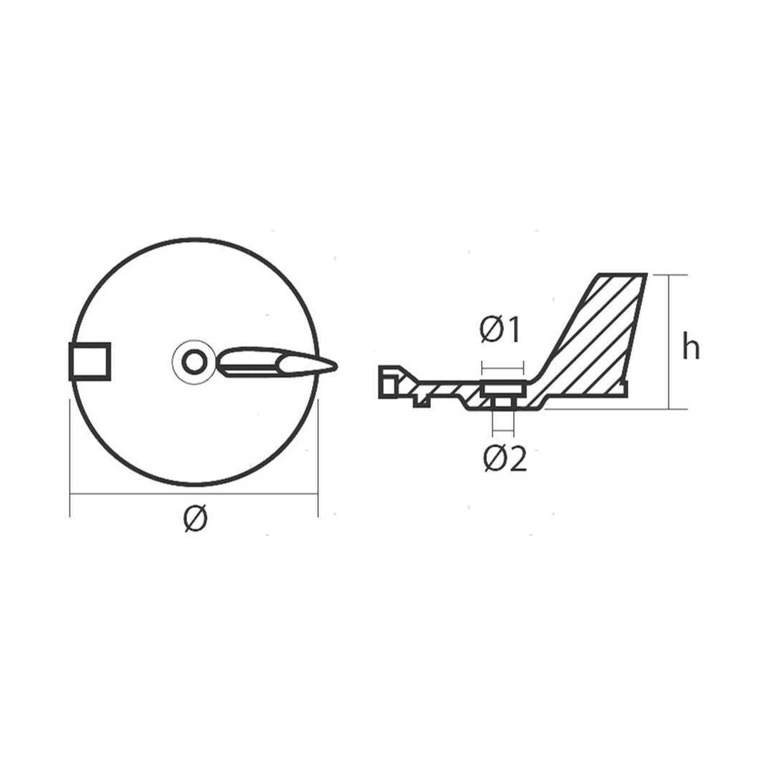Anodo sacrificale a pinna (trim tab) in alluminio per motori fuoribordo Yamaha F25-F60, riferimento 67C-45371-00. misure