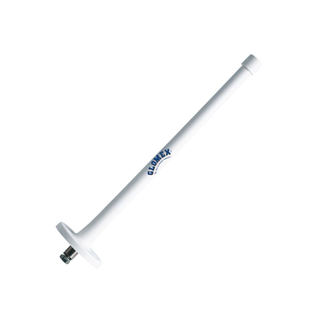 Antenna radio AM/FM nautica Glomex in nylon flessibile nera, compatta con base e cavo incluso.