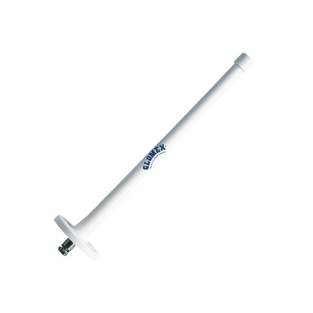 Antenna radio AM/FM nautica Glomex in nylon flessibile nera, compatta con base e cavo incluso.