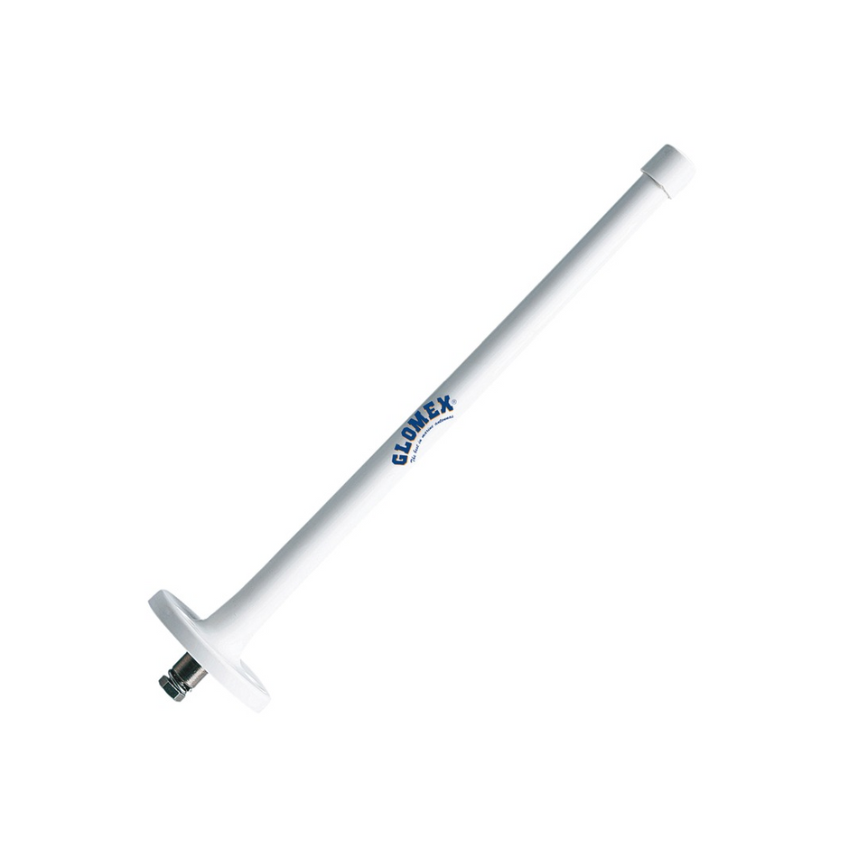 Antenna radio AM/FM nautica Glomex in nylon flessibile nera, compatta con base e cavo incluso.