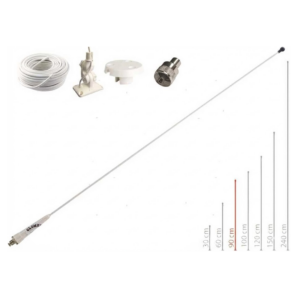 Kit antenna VHF nautica Glomex RA106 bianca in vetroresina 0,9m completa di base snodata RA135 e cavo.