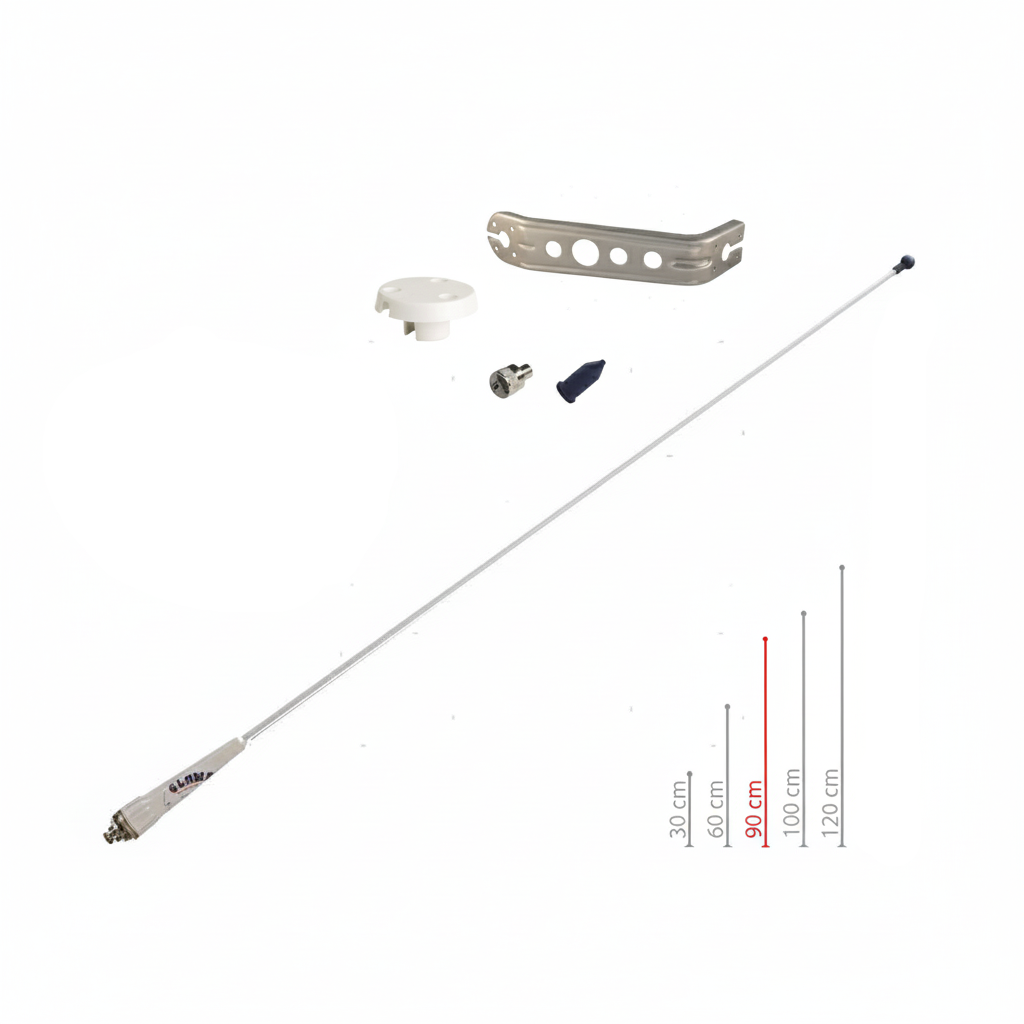 Antenna VHF Glomex RA109GRP in vetroresina bianca per testa d'albero barca a vela con staffa.