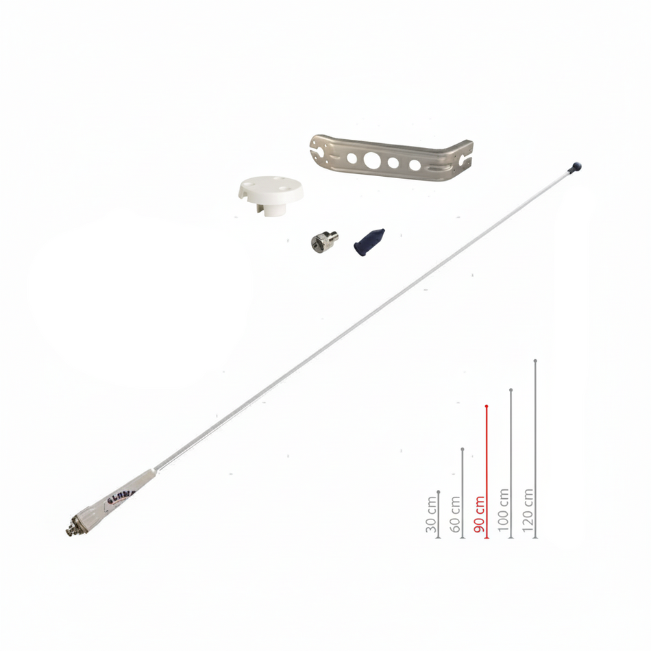 Antenna VHF Glomex RA109GRP in vetroresina bianca per testa d'albero barca a vela con staffa.