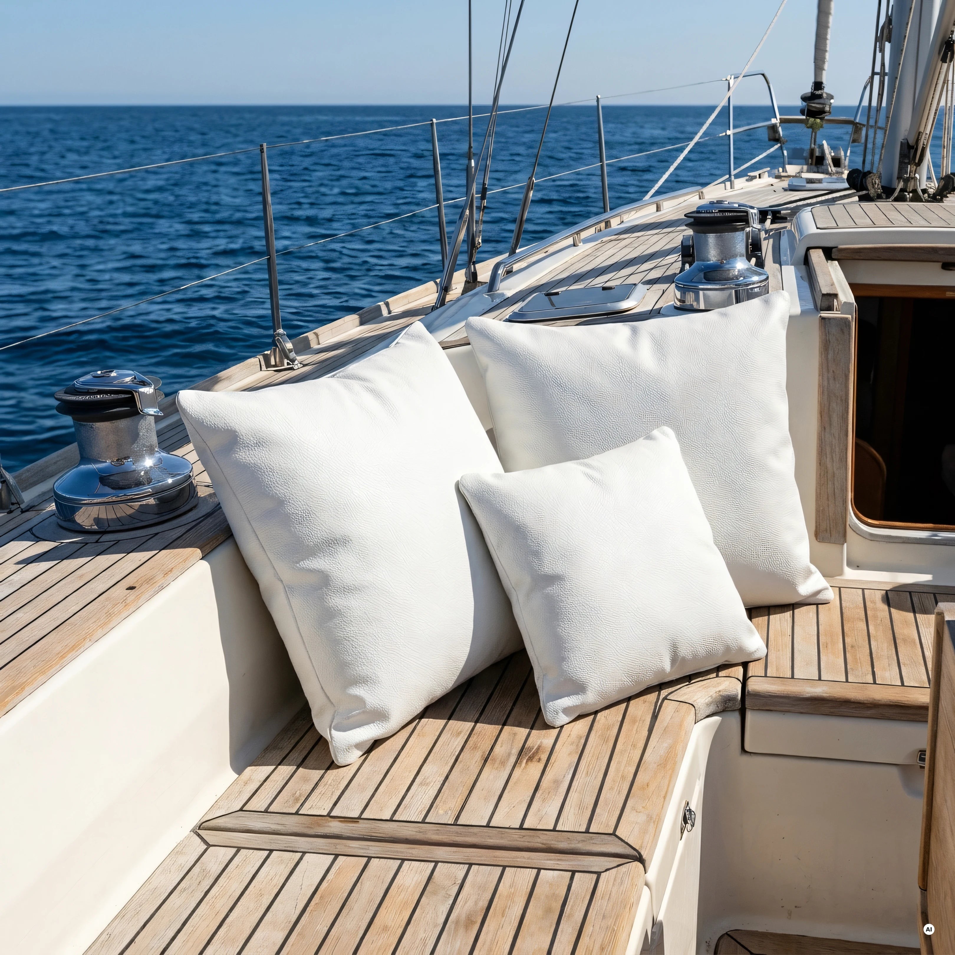 Cuscini in fintapelle Artico P35 bianca sul pozzetto in teak di una barca a vela