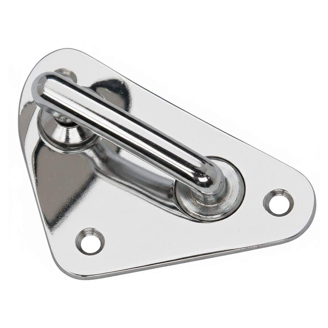 Piastra attacco tangone in acciaio inox sagomata con anello per albero barca.