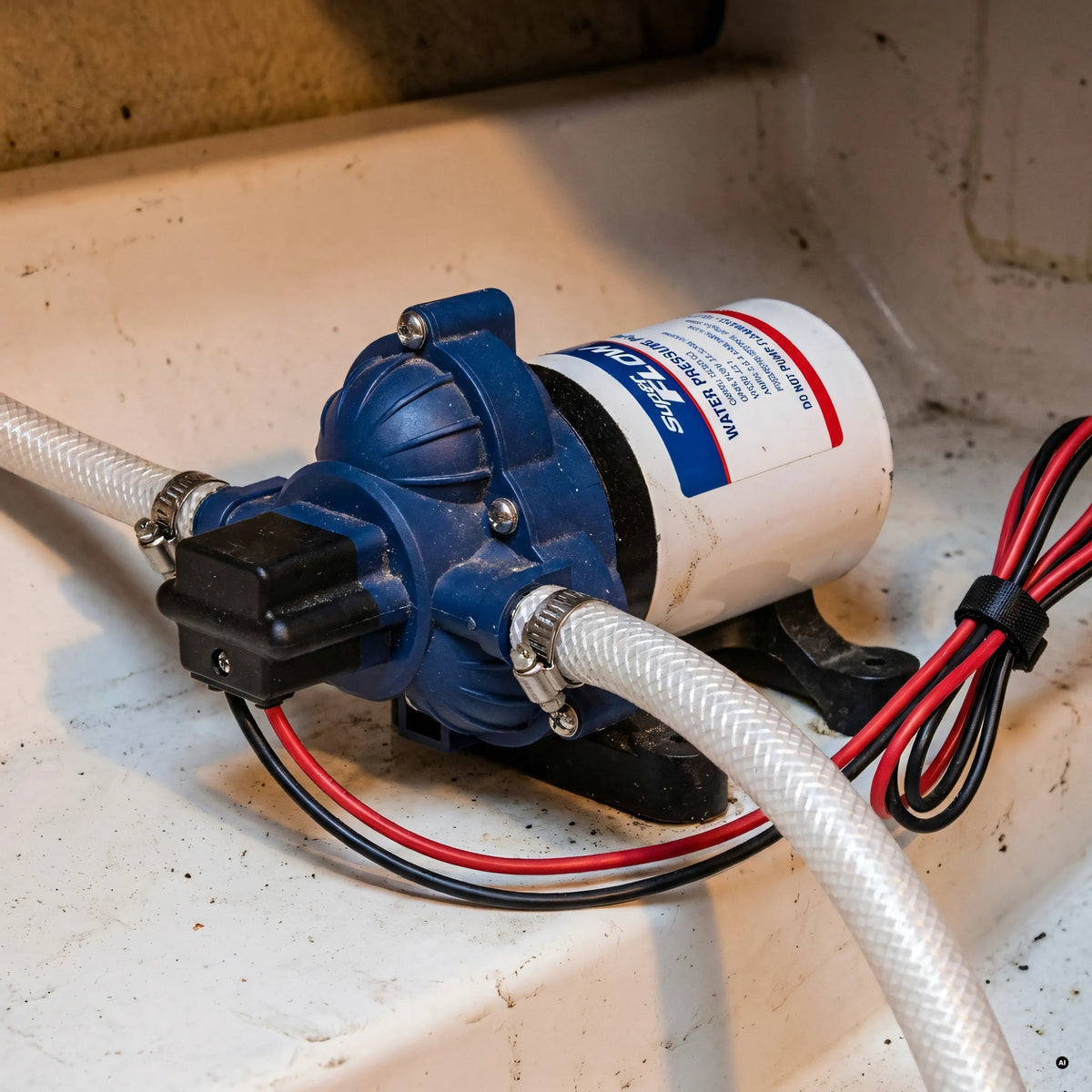 Autoclave SuperFlow Osculati 12V installata a bordo nel gavone, impianto acqua in pressione con manichette e cablaggio