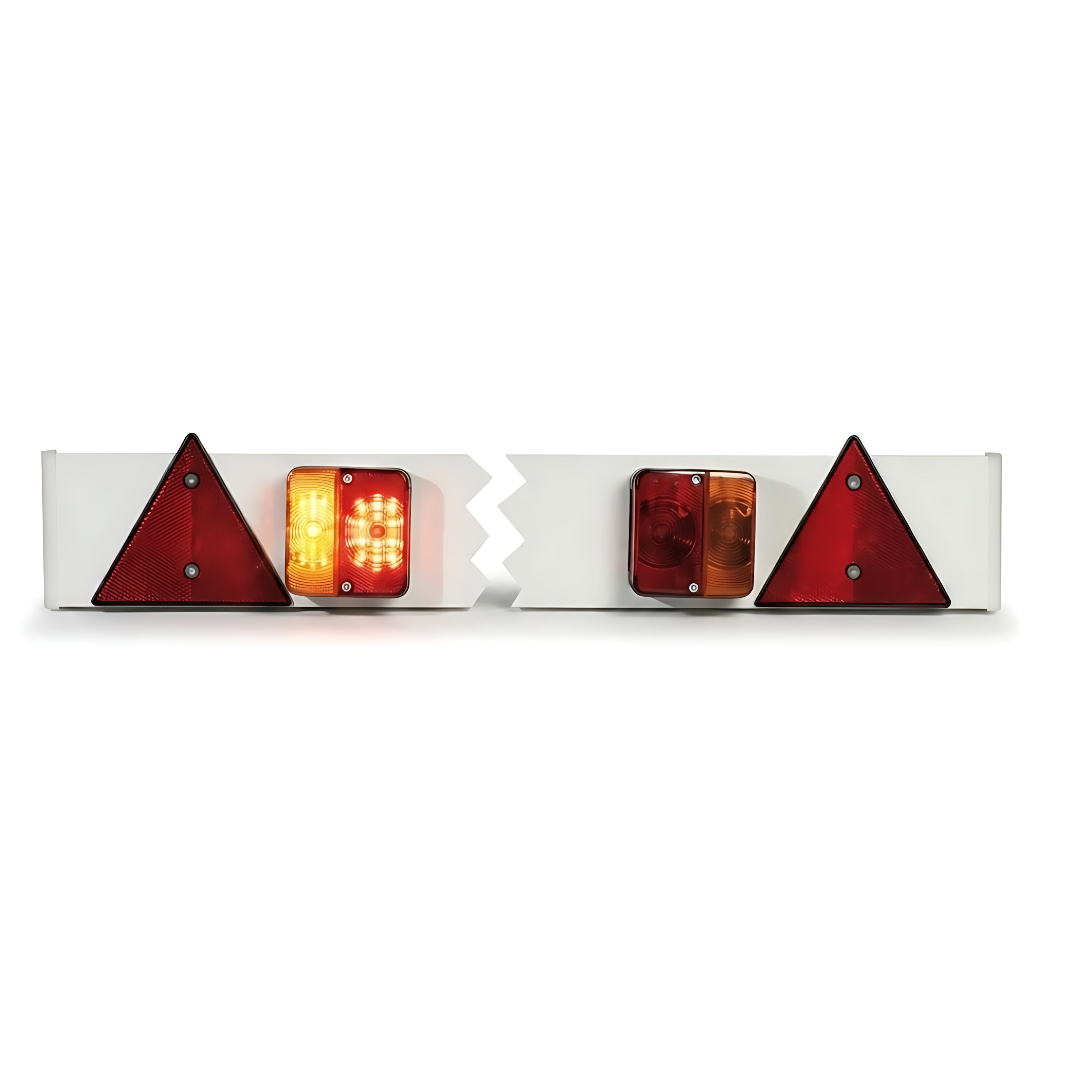 Barra posteriore in plastica con luci 120 cm 12V kit completo con fanali spina 7 poli e triangoli riflettenti per carrelli portabarche