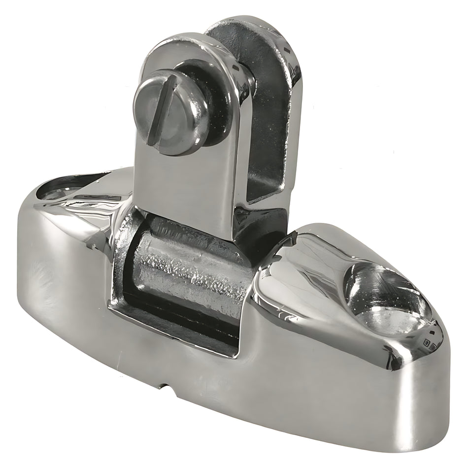 Basetta piana modello BPI in acciaio inox AISI 316 con attacco pivottante snodato per il fissaggio di tendalini e capottine nautiche.
