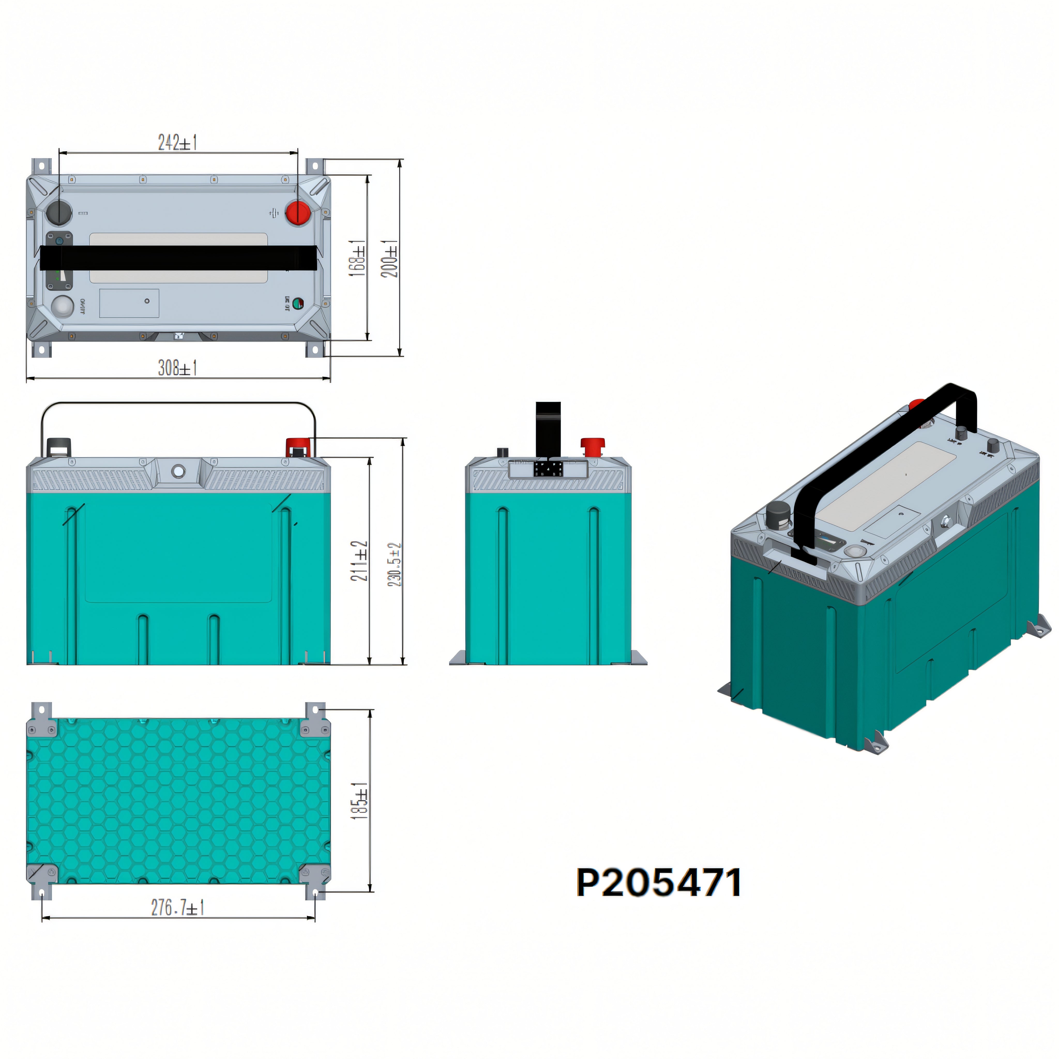 Disegno tecnico batteria Crosseven 12V 100Ah P205471 dimensioni 308x168x230mm