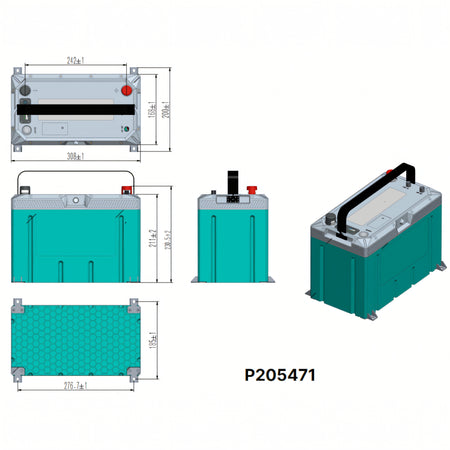 Disegno tecnico batteria Crosseven 12V 100Ah P205471 dimensioni 308x168x230mm