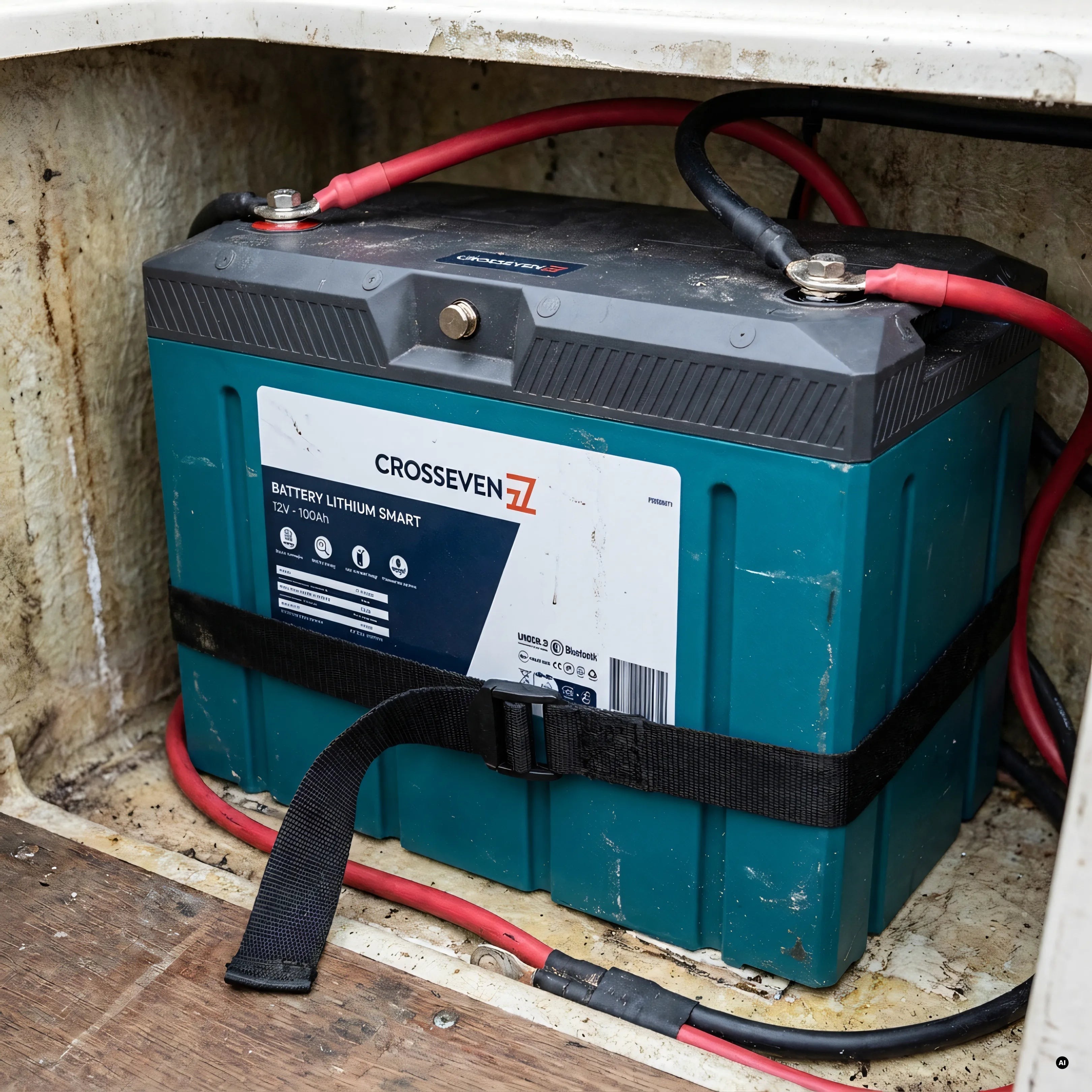 Batteria al litio CROSSEVEN 12V 100Ah installata a bordo, fissata con cinghia e collegata ai cavi di potenza