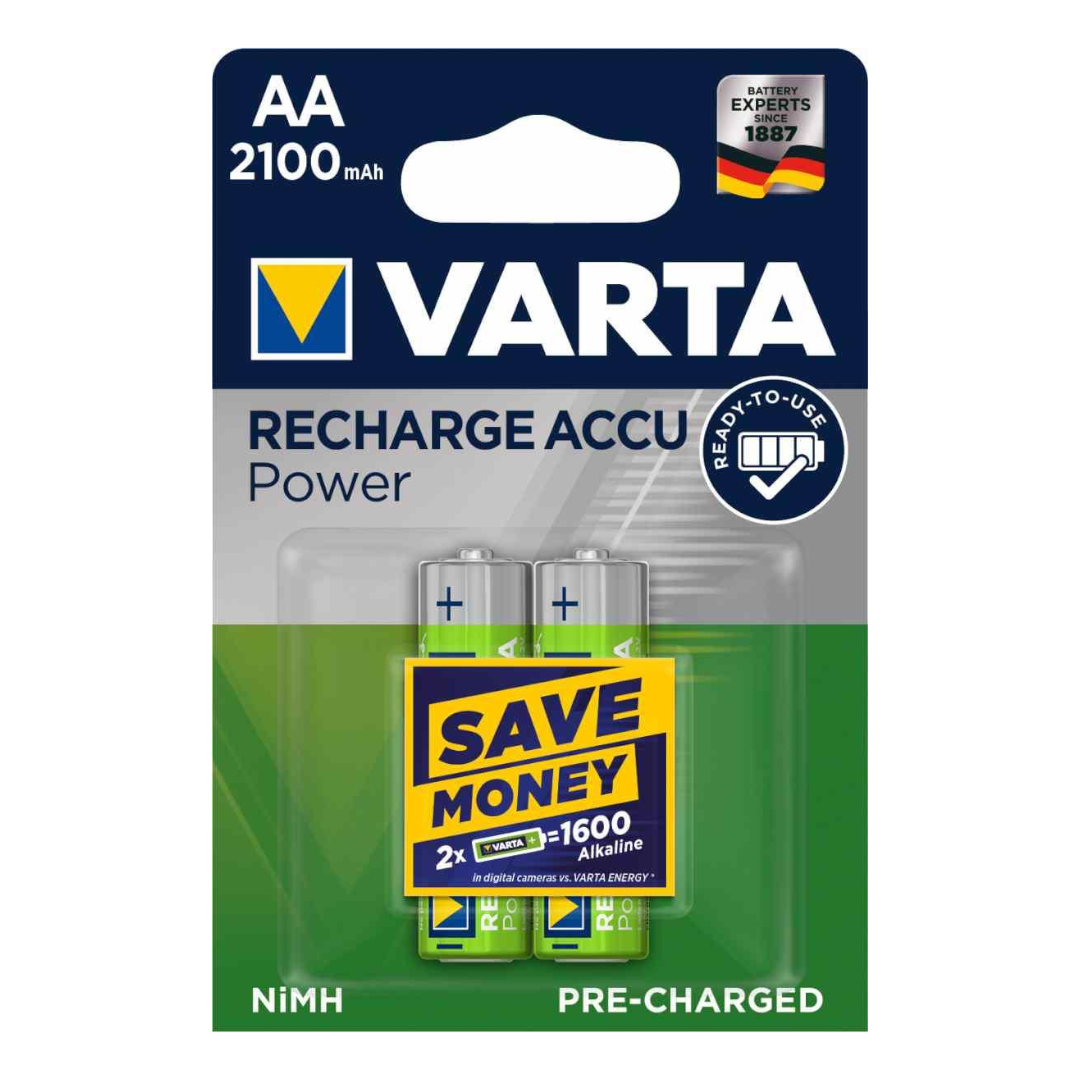 Blister da 2 batterie stilo ricaricabili Varta AA 2100 mAh, ideali per elettronica portatile nautica.