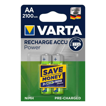 Blister da 2 batterie stilo ricaricabili Varta AA 2100 mAh, ideali per elettronica portatile nautica.