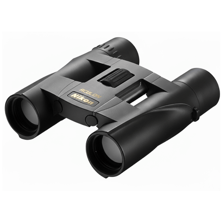 Binocolo compatto Nikon Aculon A30 8x25 con rivestimento in gomma nera, lenti multistrato e design leggero.