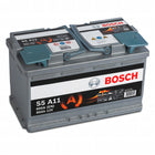 Batteria servizi AGM Bosch S5 A11 12V 80Ah, involucro grigio con etichetta nera e copri-terminali blu