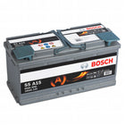 Batteria servizi AGM Bosch S5 A15 12V 105Ah, involucro grigio con etichetta nera e copri-terminali blu