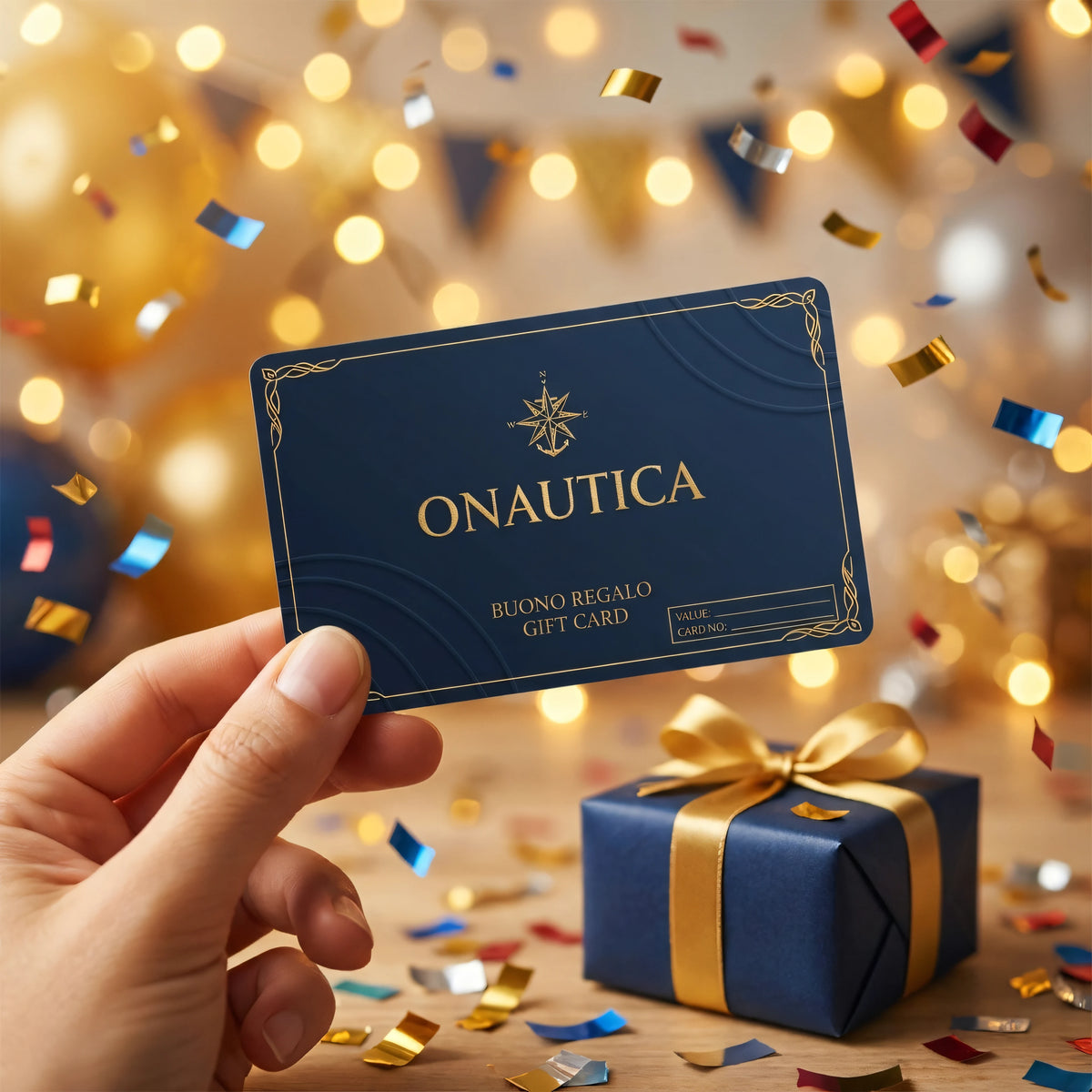 Buono regalo Onautica tenuto in mano tra coriandoli e regali durante un festeggiamento