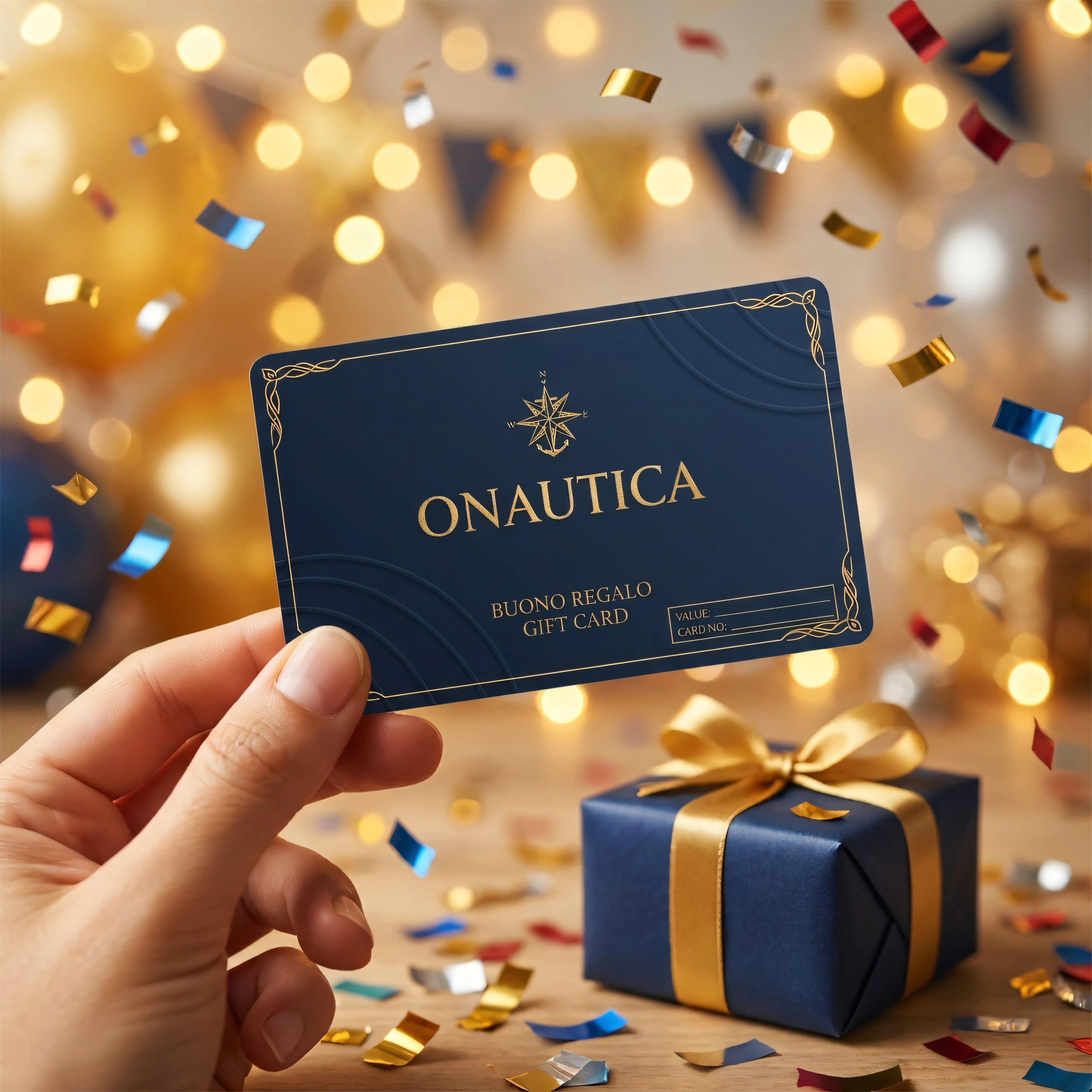 Buono regalo Onautica tenuto in mano tra coriandoli e regali durante un festeggiamento
