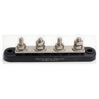 Barra collettrice Bus Bar per distribuzione elettrica nautica 150A con 4 terminali da 6 mm in rame nichelato e base isolante nera.