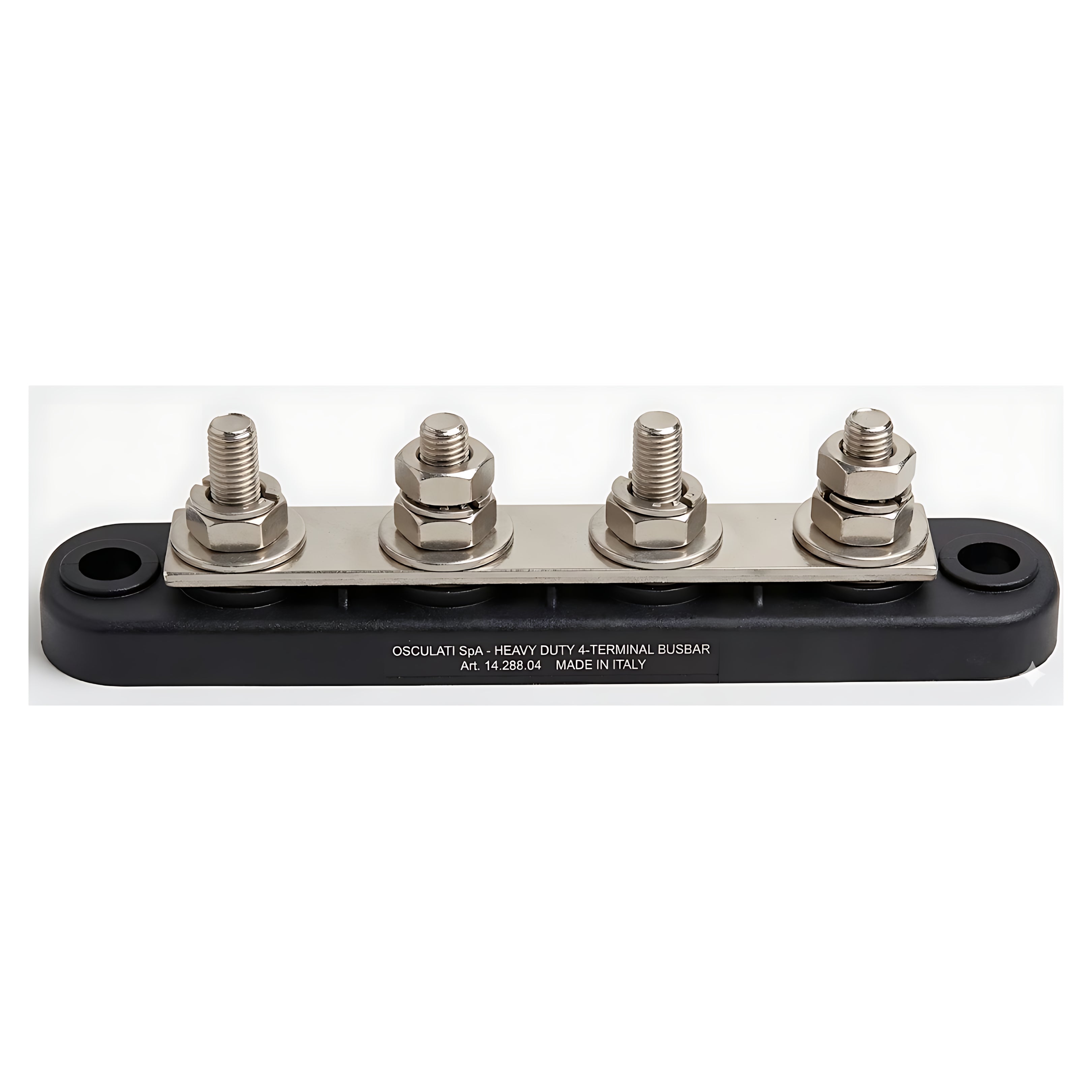 Barra collettrice Bus Bar per distribuzione elettrica nautica 150A con 4 terminali da 6 mm in rame nichelato e base isolante nera.