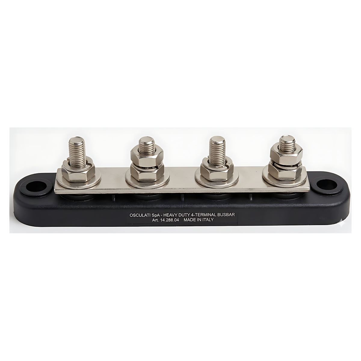 Barra collettrice Bus Bar per distribuzione elettrica nautica da 250A con 4 prigionieri da 8 mm in rame nichelato e base isolante nera.