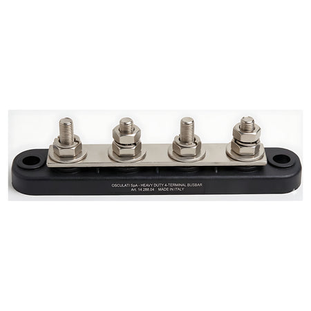 Barra collettrice Bus Bar per distribuzione elettrica nautica da 250A con 4 prigionieri da 8 mm in rame nichelato e base isolante nera.