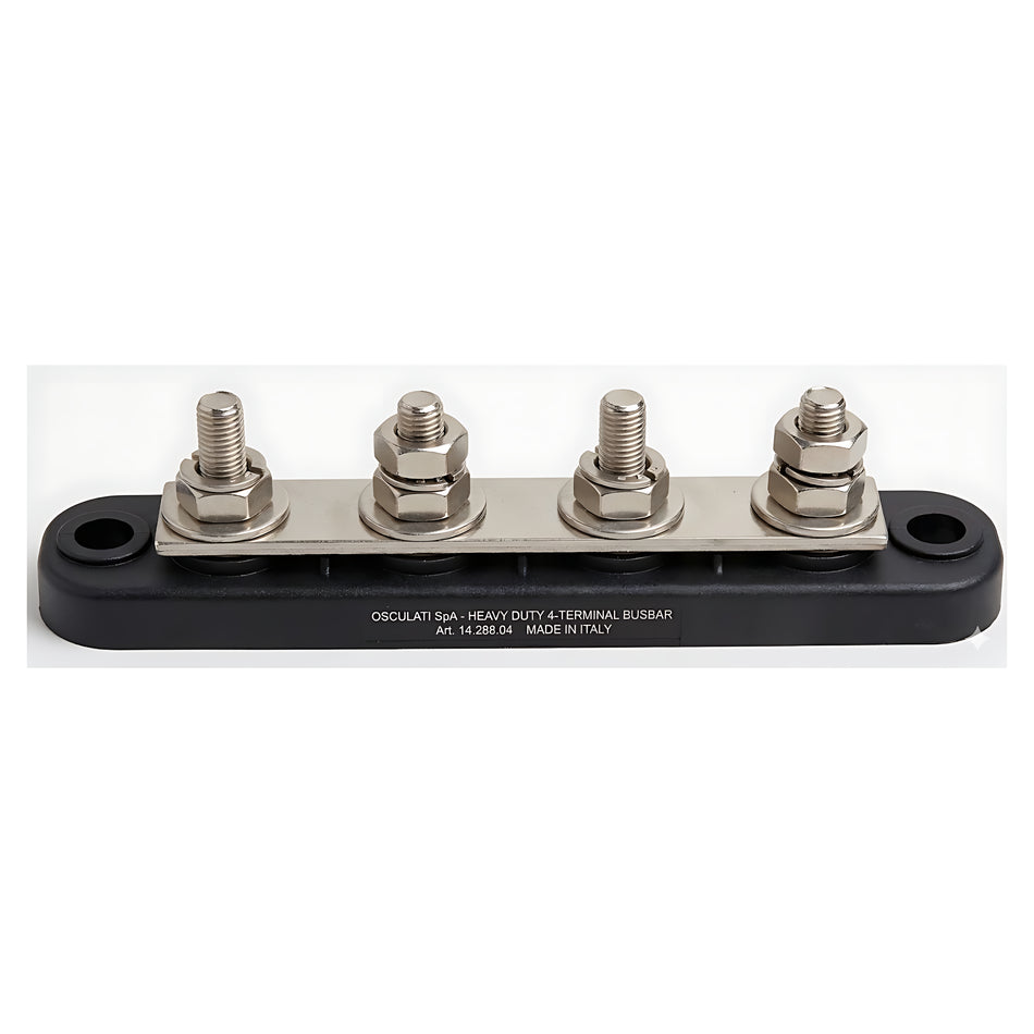 Barra collettrice Bus Bar per distribuzione elettrica nautica da 250A con 4 prigionieri da 8 mm in rame nichelato e base isolante nera.