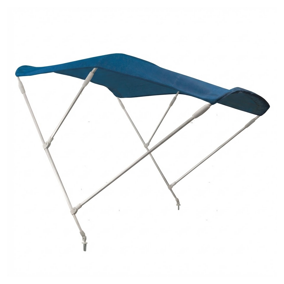 Capottina parasole blu a 3 archi per imbarcazioni, struttura in alluminio bianco e tessuto impermeabile.