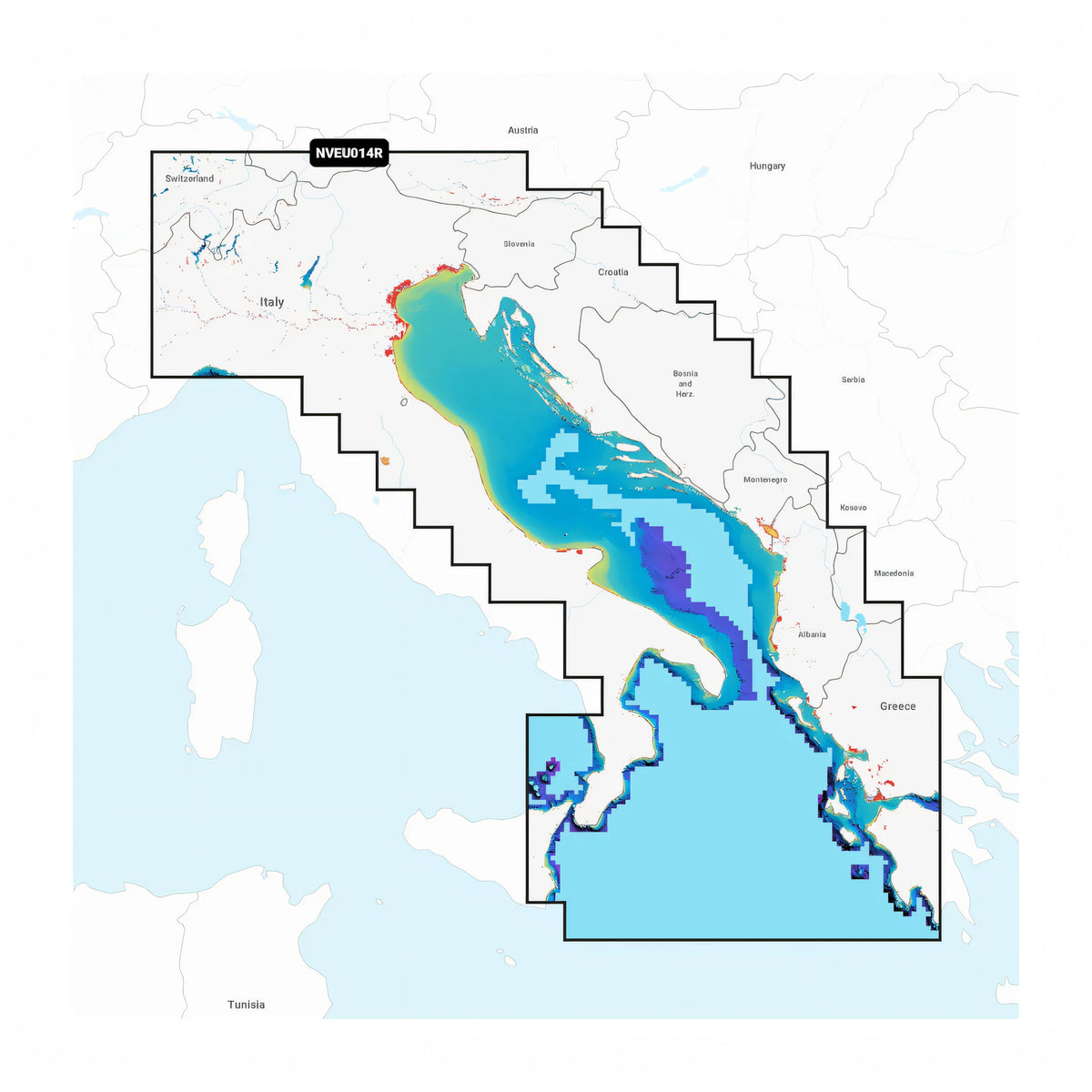 Cartografia Garmin Navionics Vision+ e Navionics+ NSEU014R per il Mare Adriatico, coste italiane, Croazia, Grecia e Sicilia. Include batimetriche 0,5 m e Auto Guidance+™.
