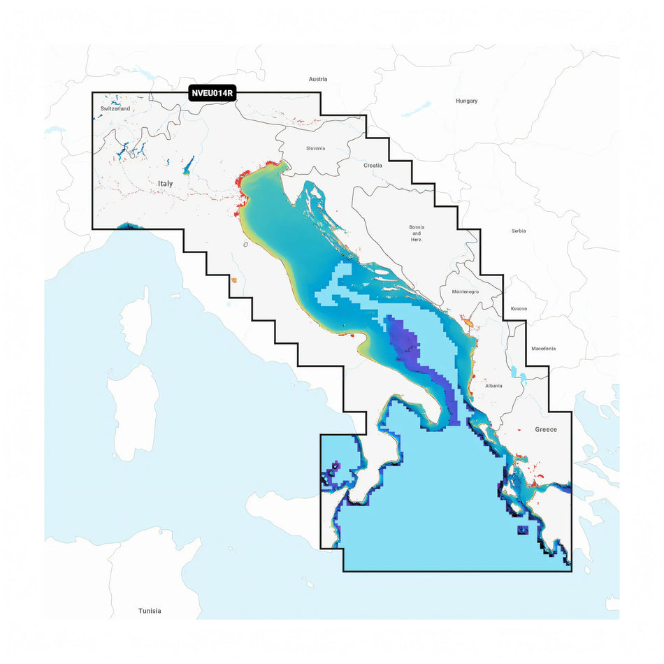 Cartografia Garmin Navionics Vision+ e Navionics+ NSEU014R per il Mare Adriatico, coste italiane, Croazia, Grecia e Sicilia. Include batimetriche 0,5 m e Auto Guidance+™.