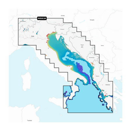 Cartografia Garmin Navionics Vision+ e Navionics+ NSEU014R per il Mare Adriatico, coste italiane, Croazia, Grecia e Sicilia. Include batimetriche 0,5 m e Auto Guidance+™.