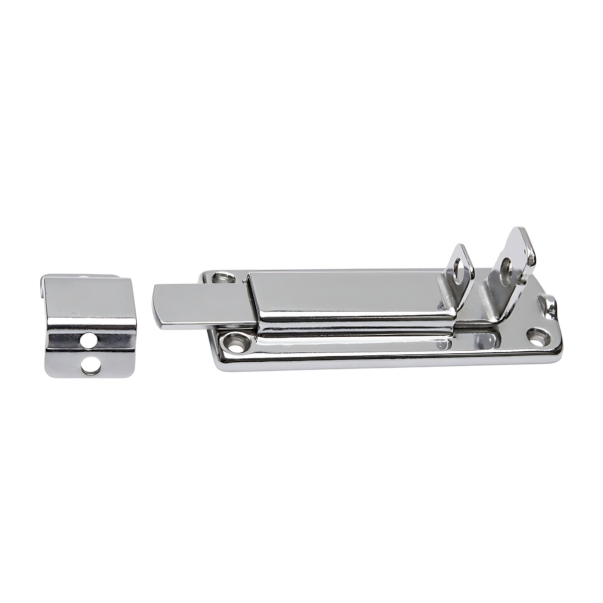 Catenacciolo nautico in acciaio inox lucidato con sistema antivibrante e foro per lucchetto, dimensioni 85x27 mm.