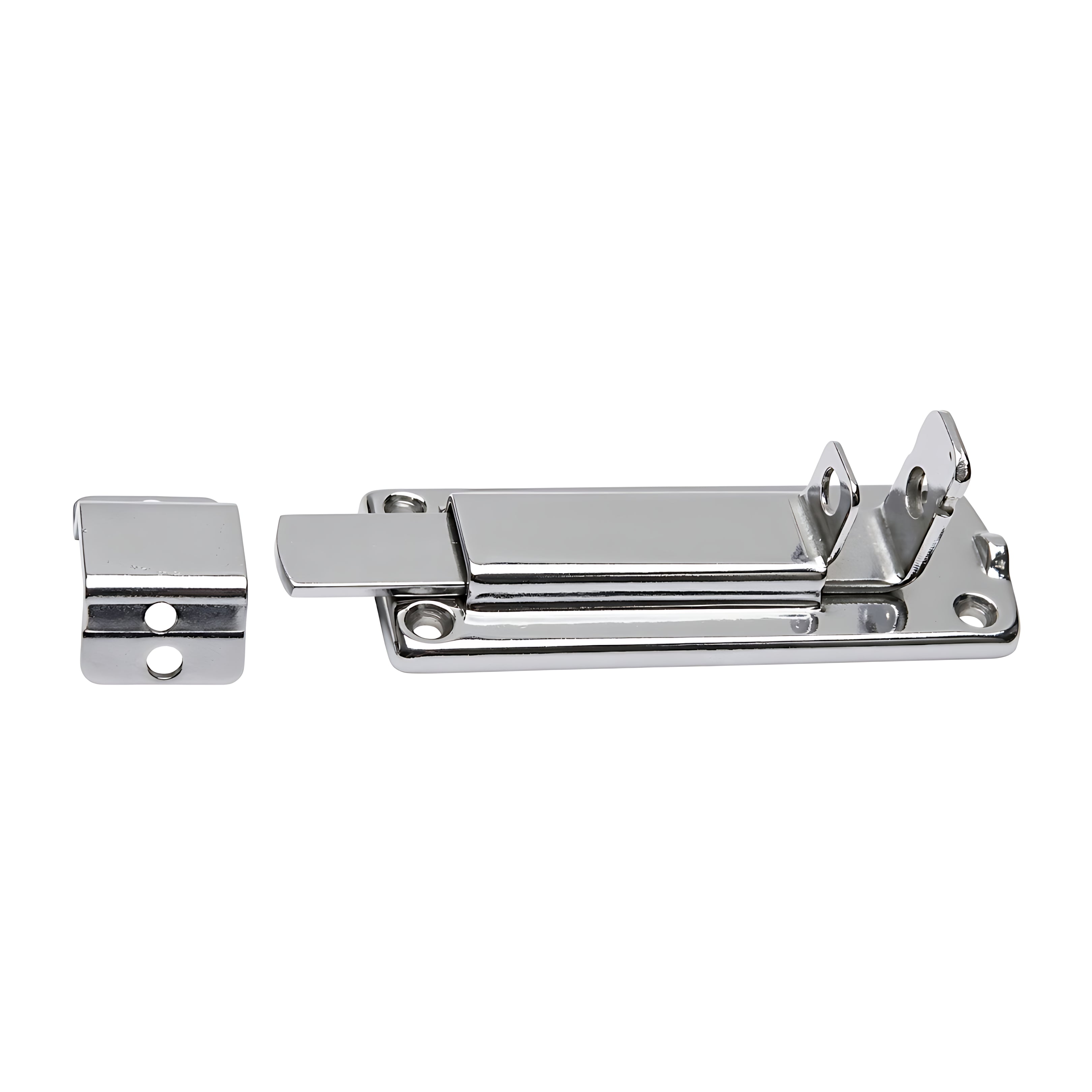 Catenacciolo nautico in acciaio inox lucidato con sistema antivibrante e foro per lucchetto, dimensioni 85x27 mm.