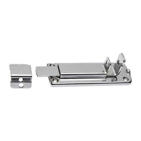 Catenacciolo nautico in acciaio inox lucidato con sistema antivibrante e foro per lucchetto, dimensioni 85x27 mm.