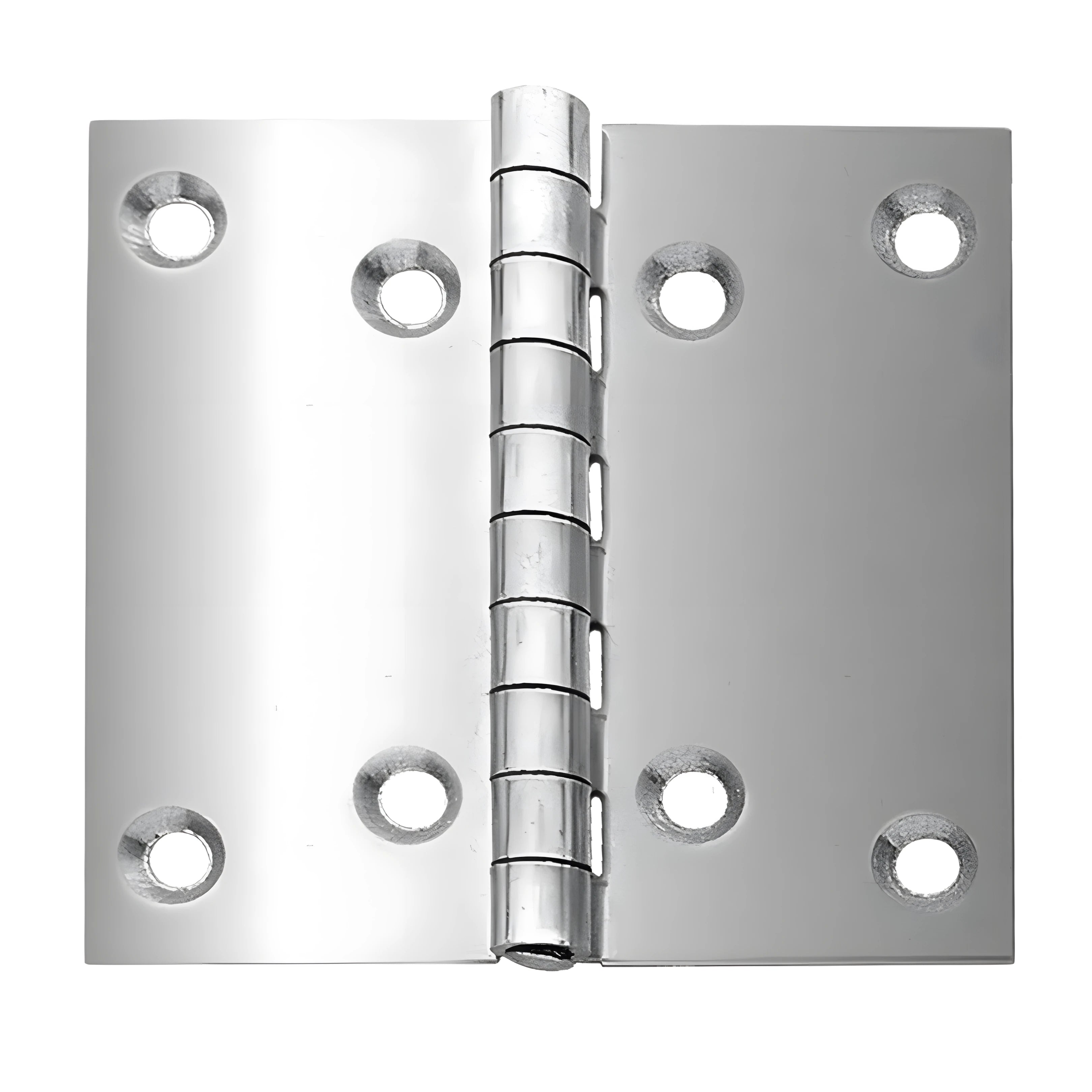 Cerniera a libro di grandi dimensioni (100x100 mm) in acciaio Inox 316, spessore 2 mm, per portelli pesanti e boccaporti nautici.