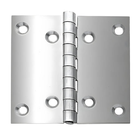 Cerniera a libro di grandi dimensioni (100x100 mm) in acciaio Inox 316, spessore 2 mm, per portelli pesanti e boccaporti nautici.
