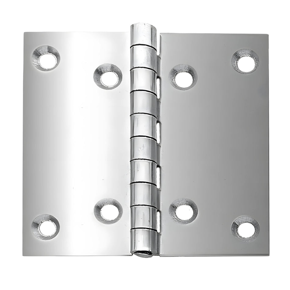 Cerniera a libro di grandi dimensioni (100x100 mm) in acciaio Inox 316, spessore 2 mm, per portelli pesanti e boccaporti nautici.