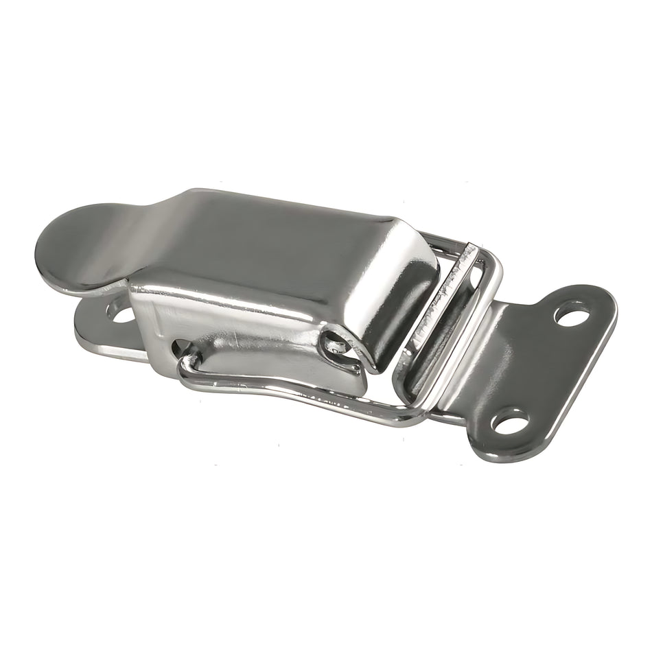 Chiusura a leva compatta in acciaio inox stampato, base stretta 55x23 mm per portelli, cassoni e ghiacciaie nautiche.