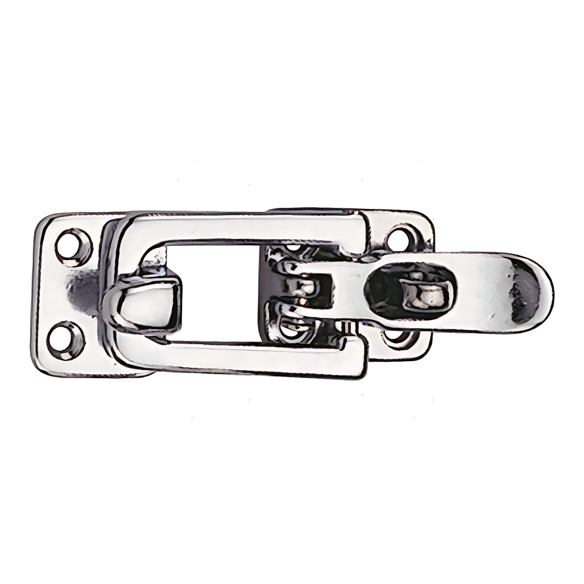 Chiusura piana a leva in acciaio inox con foro per lucchetto, dimensioni 100x30 mm. Ideale per la sicurezza di gavoni e portelli nautici.