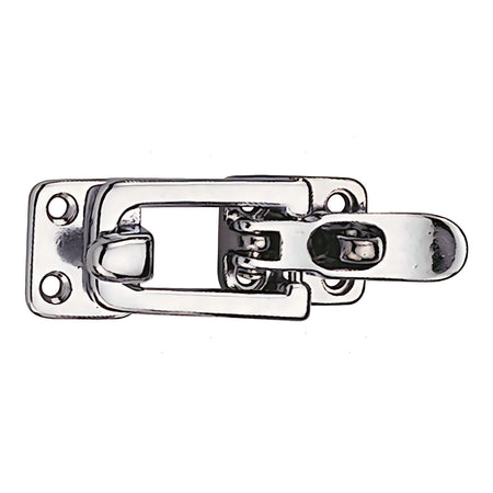 Chiusura piana a leva in acciaio inox con foro per lucchetto, dimensioni 100x30 mm. Ideale per la sicurezza di gavoni e portelli nautici.