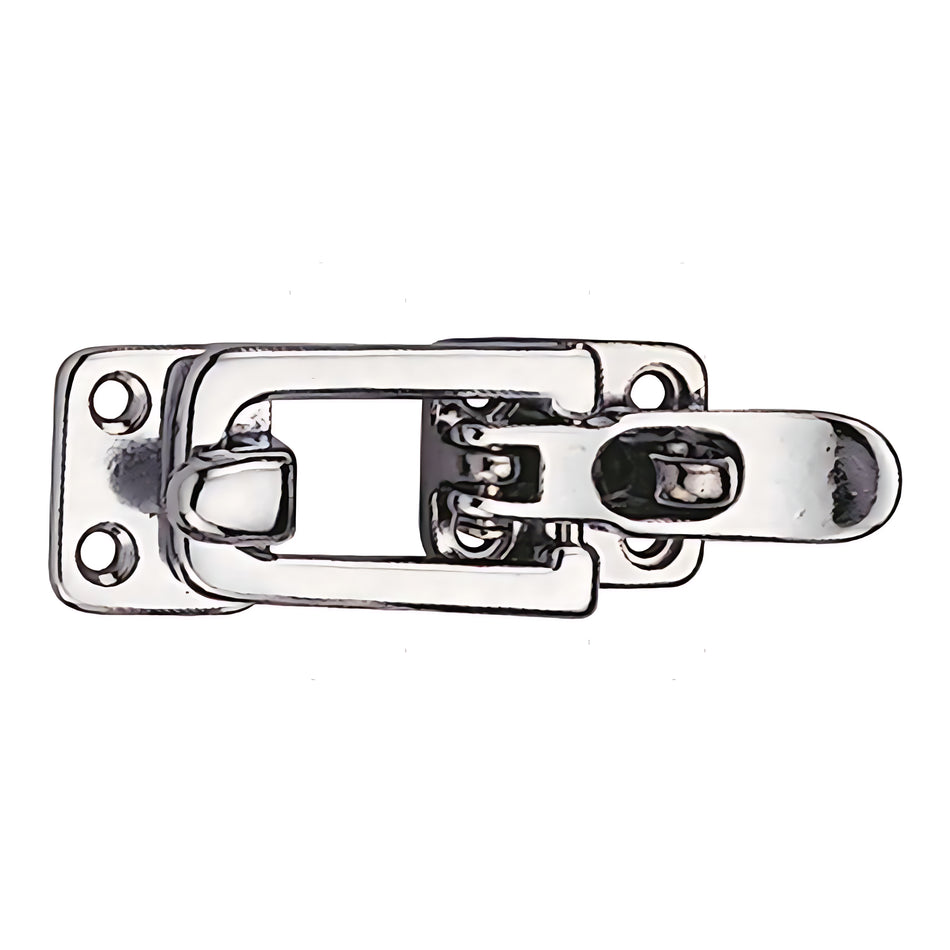 Chiusura piana a leva in acciaio inox con foro per lucchetto, dimensioni 100x30 mm. Ideale per la sicurezza di gavoni e portelli nautici.