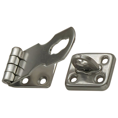 Chiusura a ribalta per porta in acciaio inox con occhiello fisso e foro per lucchetto, dimensioni 71x28 mm. Ideale per la sicurezza di gavoni e portelli.
