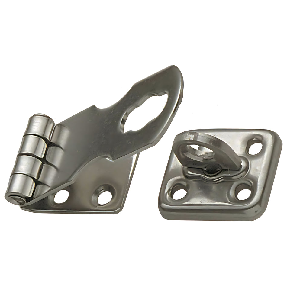 Chiusura a ribalta per porta in acciaio inox con occhiello fisso e foro per lucchetto, dimensioni 71x28 mm. Ideale per la sicurezza di gavoni e portelli.