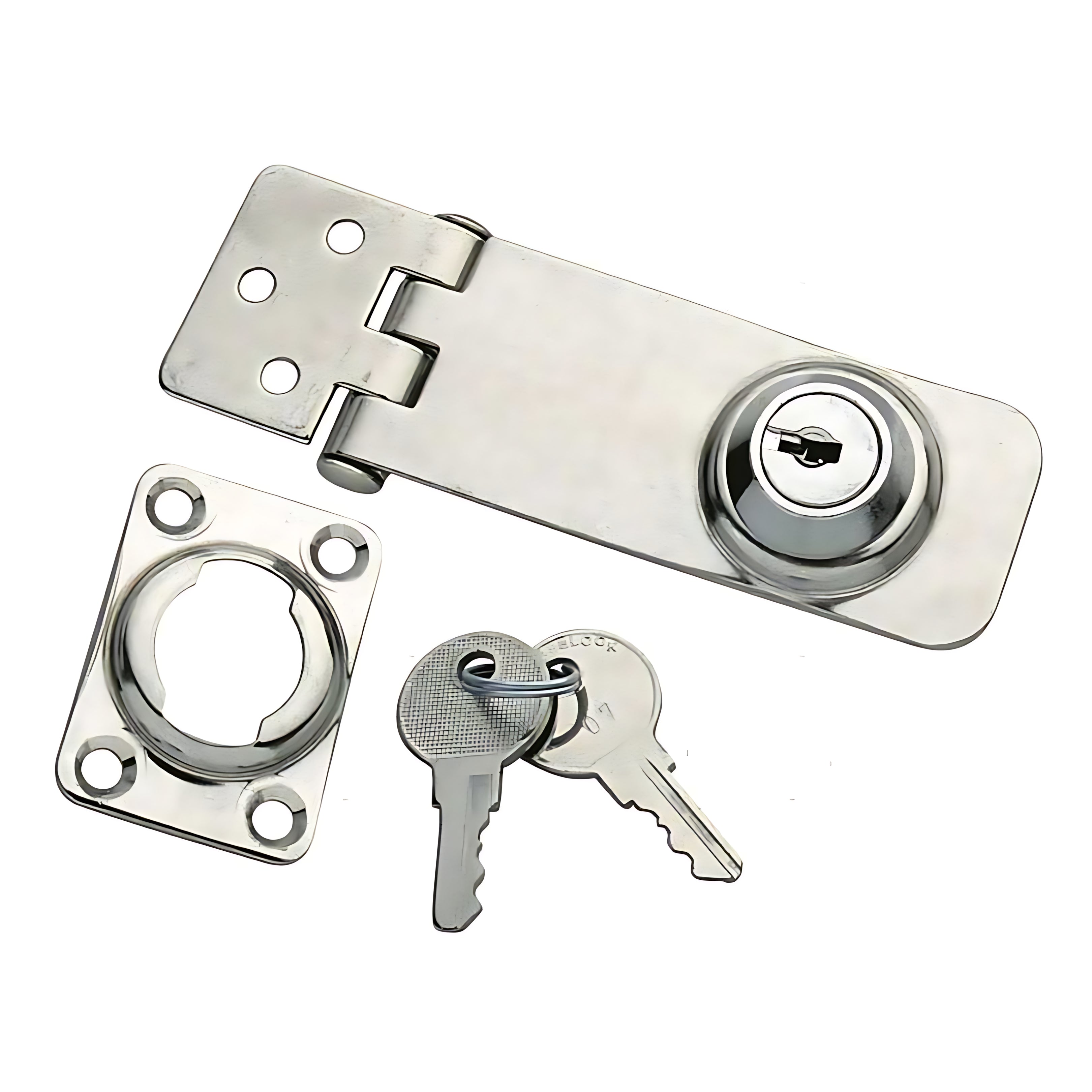 Chiusura a ribalta professionale in acciaio inox con serratura a cilindro e chiavi incluse, dimensioni 76x34 mm per gavoni e cabine.