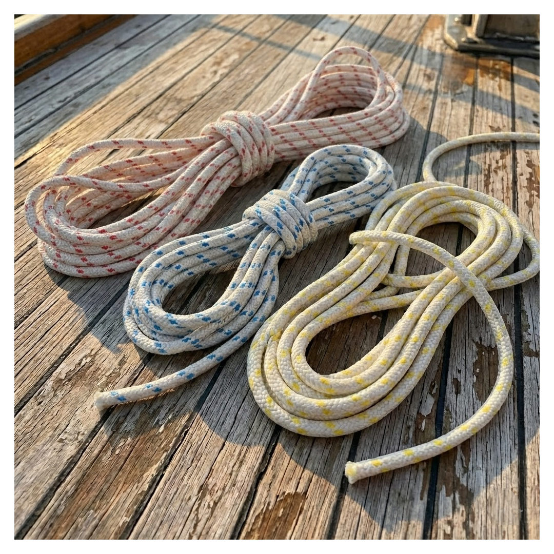 Cima nautica doppia treccia bianca in poliestere alta tenacità con spia colorata a contrasto.